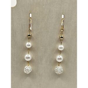 Faux Pearl Rose Dangle Earrings Gold Tone Drop Statement Handmade