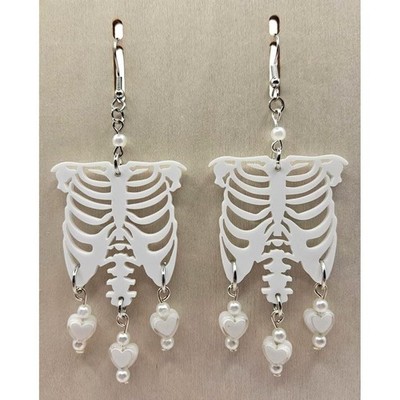 Skeleton Rib Cage Heart Pearl Dangle Earrings Handmade Jewelry Chandelier Style