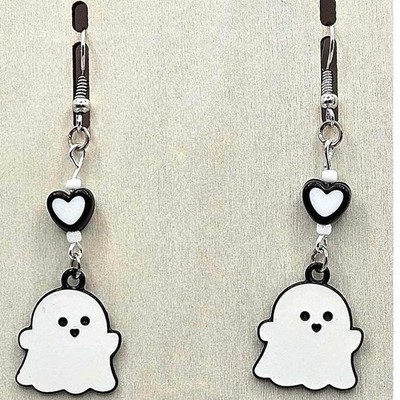 Cute Ghost Earrings Dangle Drop with Heart Kawaii Spooky Halloween Handmade