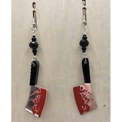 Cleaver Knife Earrings Dangle Drop Horror Halloween Bloody Statement Handmade