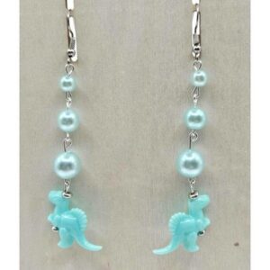Dinosaur Earrings Blue Pearl Drop Dangle Fun Quirky Statement Jewelry Handmade