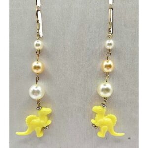 Dinosaur Earrings Yellow Spinosaurus Pearl Dangle Drop Fun Jewelry Handmade