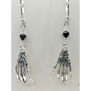 Skeleton Hand Dangle Drop Earrings Hematite Heart Gothic Halloween Handmade