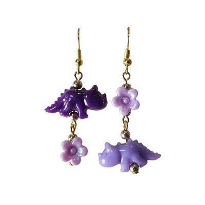 Cute Dinosaur Flower Dangle Earrings Purple Lavender Kawaii Handmade Mismatched