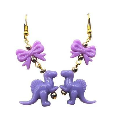 Purple Dinosaur Bow Dangle Earrings Handmade Cute Kawaii Mismatched Jewelry