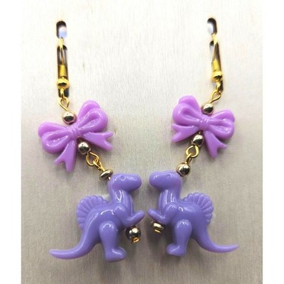 Purple Dinosaur Bow Dangle Earrings Handmade Cute Kawaii Mismatched Jewelry
