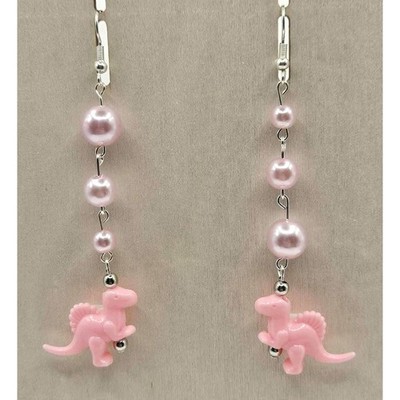 Pink Dinosaur Earrings Dangle Drop Funky Kawaii Novelty Jewelry Handmade