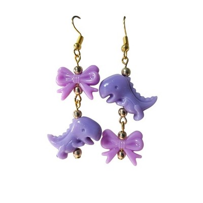 Purple Dinosaur Bow Dangle Earrings Kawaii Cute Handmade Jewelry Mismatch