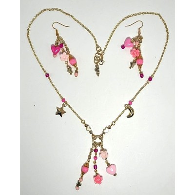 Handmade Pink Necklace and Earring Set Kidcore Pink Floral Whimsical Moon Hearts