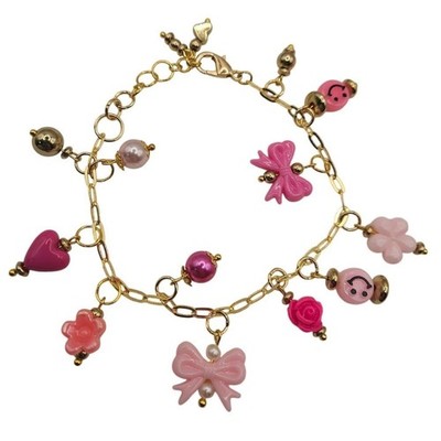 Gold Tone Charm Bracelet Pink Hearts Flowers Bows Smiley Faces