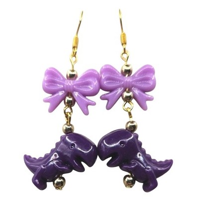 Cute Purple Dinosaur Bow Dangle Earrings Kawaii Charm Handmade Jewelry