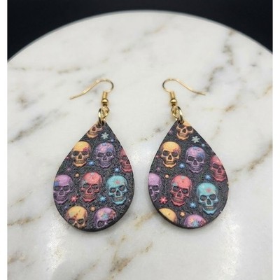 Handmade Earrings Sugar Skull Colorful Gold Tone Teardrop Drop Dangle