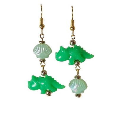 Handmade Dinosaur Shell Dangle Earrings Green Iridescent Cute Fun Mismatch