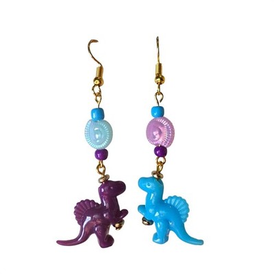 Dinosaur Earrings Purple Blue Beaded Dangle Handmade Mismatched Handmade