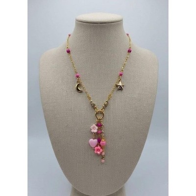 Handmade Necklace Gold Toned Stainless Steel Pink Floral Heart Y-Shape 21"
