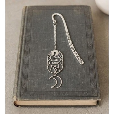Handmade Bookmark Silver Toned Rose Engraved Snake Moon Dangle Celestial