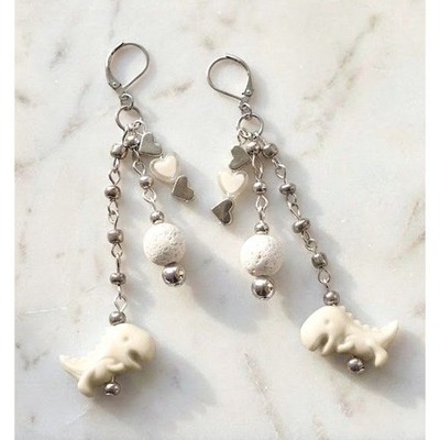 Handmade Earrings White Dinosaur Heart Rock Stainless Steel 3" Drop Dangle