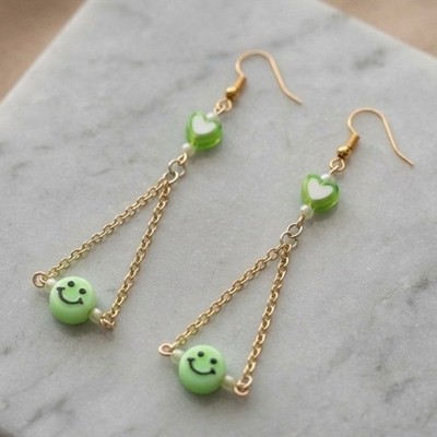 Handmade Earrings Green Smiley Heart Gold Tone Stainless Steel Drop Dangle
