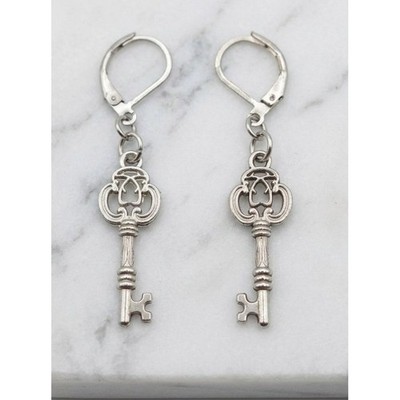 Handmade Earrings Silver Tone Whimsical Skeleton Key Stainless Steel Leverback