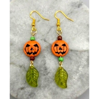 Handmade Earrings Gold Toned Pumpkin Jack-O-Lantern Drop Dangle Halloween