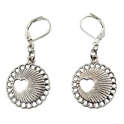 Earrings Silver Tone Heart Circle Leverback Vintage Inspired Whimsical