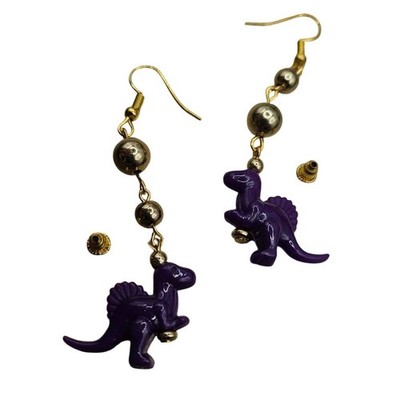 Handmade Earrings Purple Dinosaur Dangle Gold Tone Whimsical Jewelry