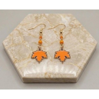 Handmade Earrings Orange Leaf Autumn Fall Drop Dangle Beaded Gold Tone