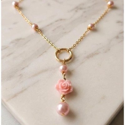 Handmade Y-Necklace Faux Pearl Pink Rose Magnetic Heart Closure Gold Tone