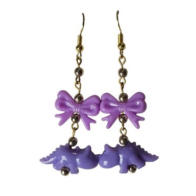 Purple Dinosaur Bow Dangle Earrings Cute Kawaii Novelty Handmade Jewelry