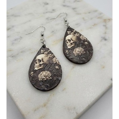 Handmade Earrings Goth Skull Floral Silver Toned Drop Dangle Teardrop