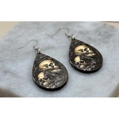 Handmade Skull Earrings Teardrop Goth Wood Dangle Stainless Steel
