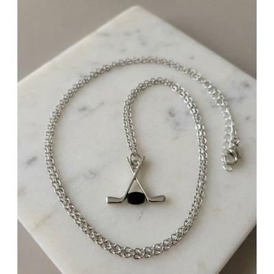 Handmade Necklace Stainless Steel Crossed Hockey Sticks Puck Pendant 24"