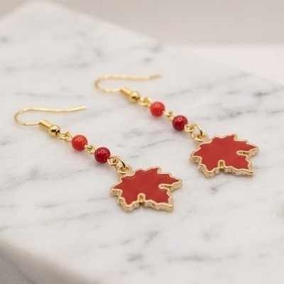 Handmade Earrings Gold Toned Red Leaf Enamel Hand Beaded Dangle Fall Theme