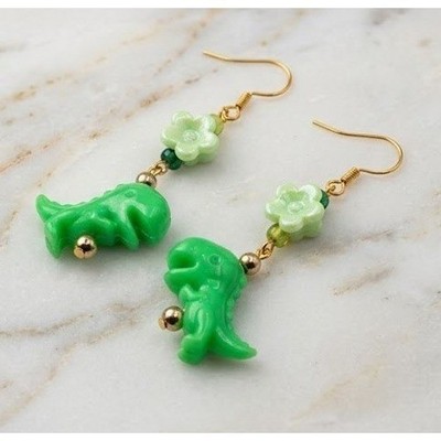 Handmade Earrings Green Dinosaur Floral Mismatch Gold Toned Fish Hook #