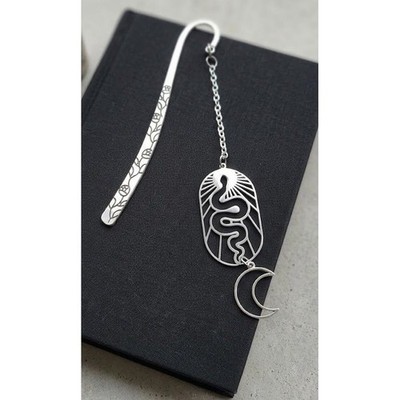 Handmade Bookmark Silver Snake Moon Rose Engraved Celestial Gothic Accessory
