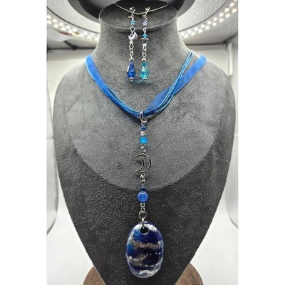 Handmade Necklace Set Blue Ribbon Witchy y2k Moon Star Motifs Celestial Y-shape