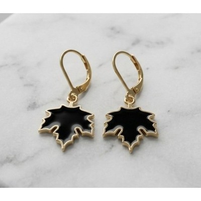 Handmade Earrings Gold Toned Black Fall Goth Leaf Leverback Stainless Steel