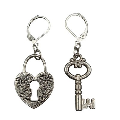 Handmade Earrings Silver Tone Whimsical Heart Lock and Key Hypoallergenic