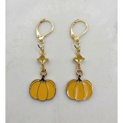 Handmade Earrings Yellow Enamel Pumpkin Gold Tone Gem Fall Leverback