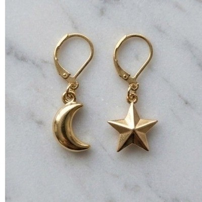 Handmade Earrings Crescent Moon and Star Leverback Celestial Gold Tone