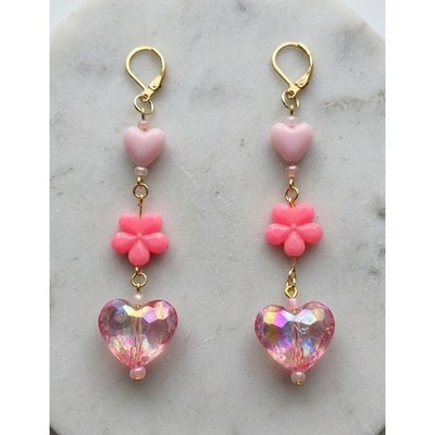 Handmade Earrings Gold Tone Pink Floral Heart Drop Dangle Leverback Kidcore