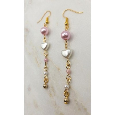 Handmade Earrings Gold Pink Faux Pearl Heart Drop Dangle Pearlcore