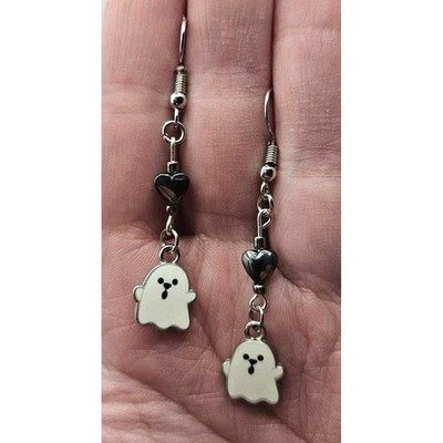 Ghost Earrings Dangle Drop Silver Tone Hematite Heart Halloween Cute Handmade