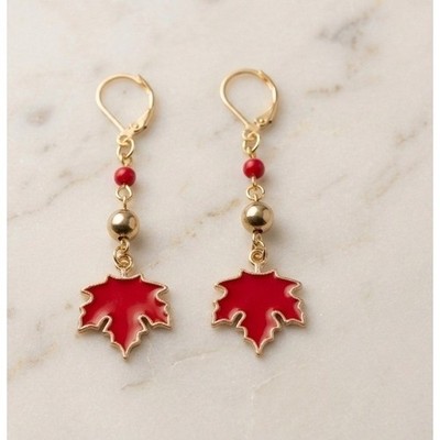 Handmade Earrings Red Enamel Maple Leaf Gold Tone Fall Jewelry autumn whimsical