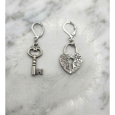 Handmade Lock and Key Earrings Whimsy Silver Tone Leverback Heart Skeleton Key