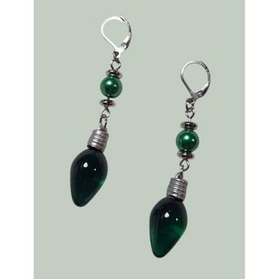 Handmade Earrings Green Christmas Light Bulb Drop Dangle Leverback Festive