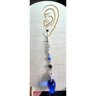 Handmade Earrings Blue Christmas Light Bulb Heart Dangle Silver Tone #Holiday