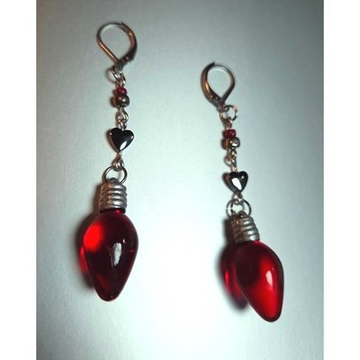 Handmade Dangle Earrings Red Christmas Light Heart Silver Tone #Festive
