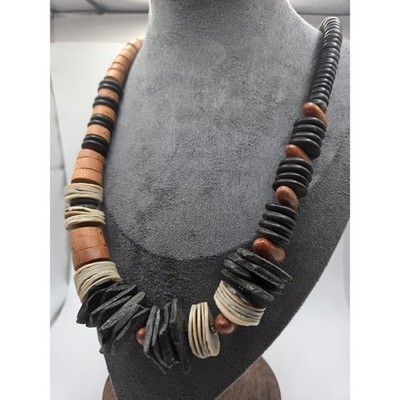 Necklace Vintage Wood Coconut Shell Disc Tribal Boho Hippie