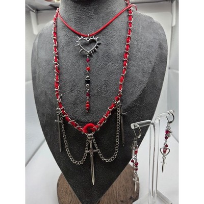 Lot of 3 Necklace Earring Set Red Sword Heart Silver Tone Goth Romantic Alt